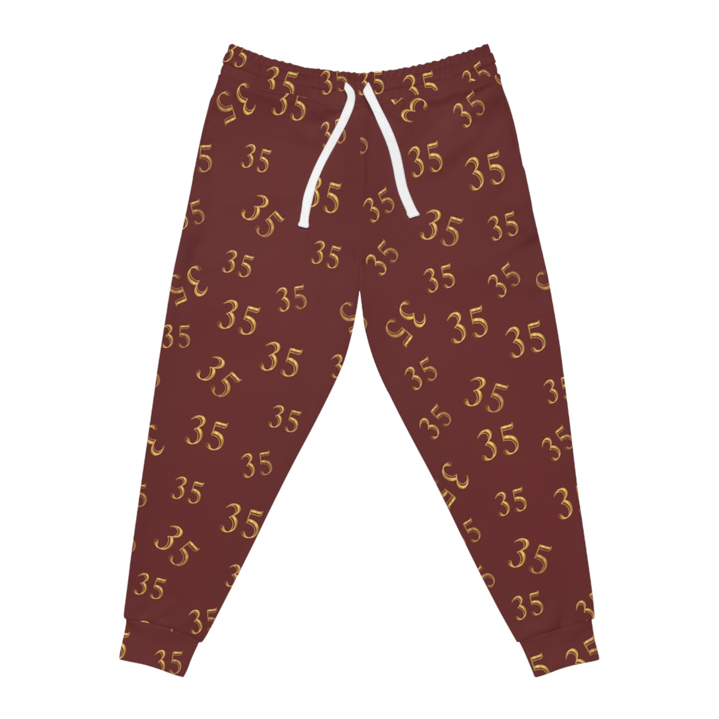 Maroon '35' All-Over Print Athletic Joggers — Gold Number Pattern