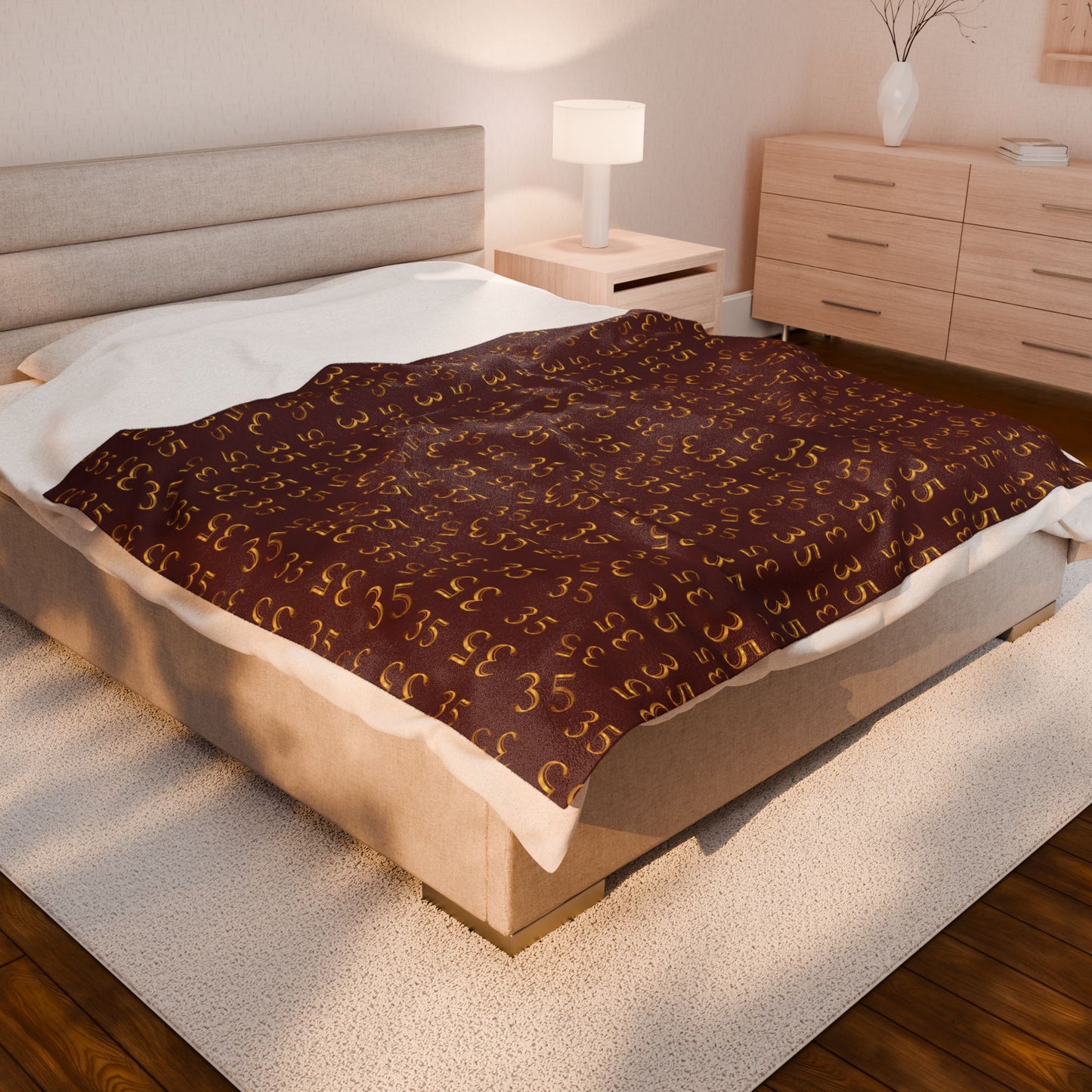 35 Velveteen Plush Blanket — Cozy Maroon '35' Patterned Throw for Game Day & Home