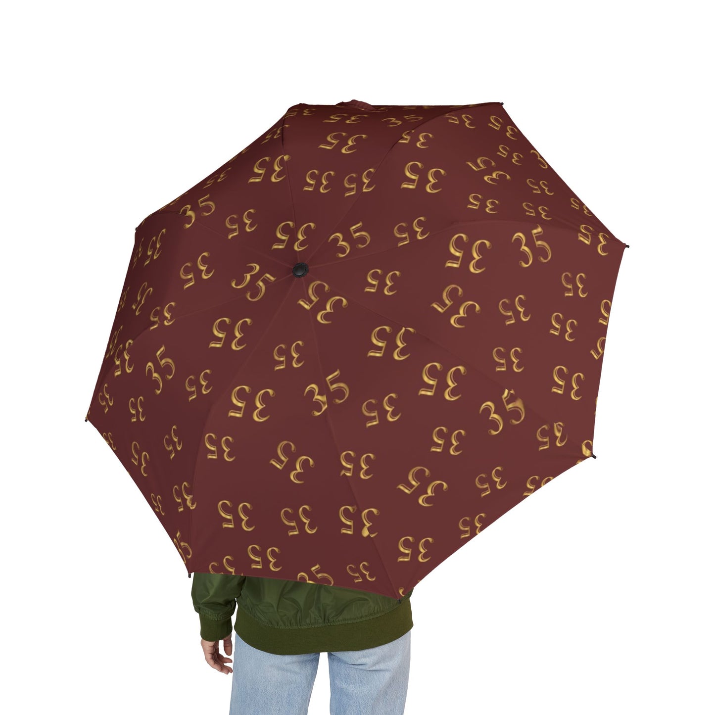 Compact Semi-Automatic Umbrella — Burgundy Patterned "35" Design