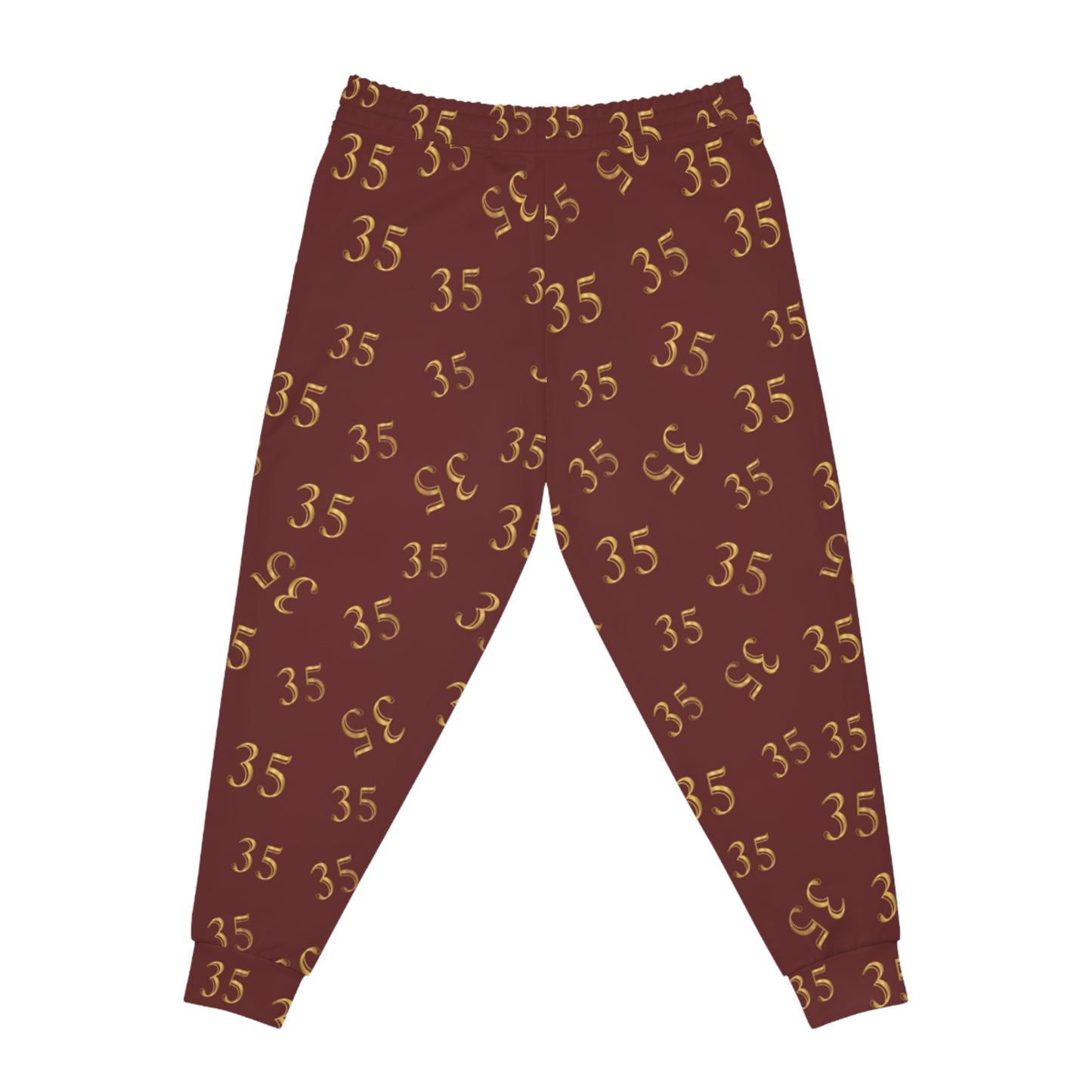 Maroon '35' All-Over Print Athletic Joggers — Gold Number Pattern