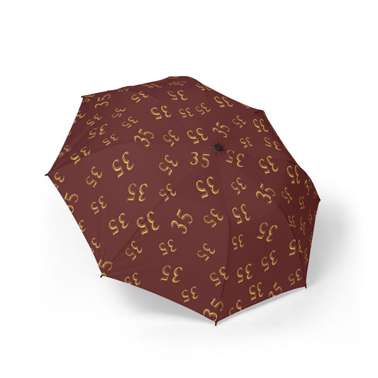 Compact Semi-Automatic Umbrella — Burgundy Patterned "35" Design