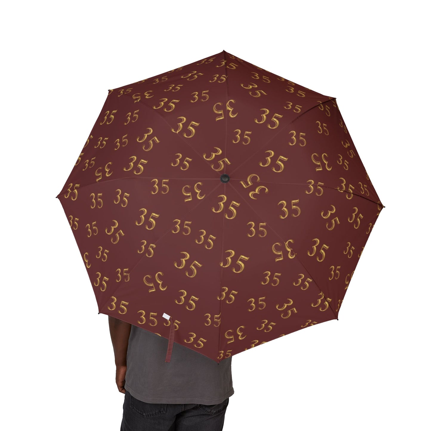 Compact Semi-Automatic Umbrella — Burgundy Patterned "35" Design