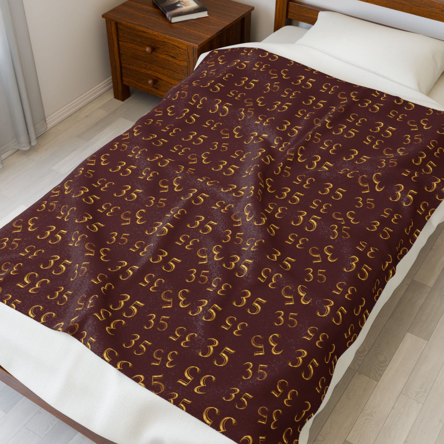 35 Velveteen Plush Blanket — Cozy Maroon '35' Patterned Throw for Game Day & Home