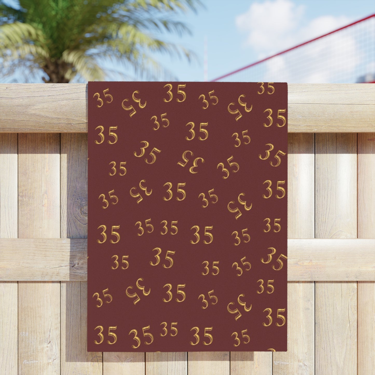Beach Towel — Burgundy Gold "35" Pattern (Personalized Number Beach Towel)