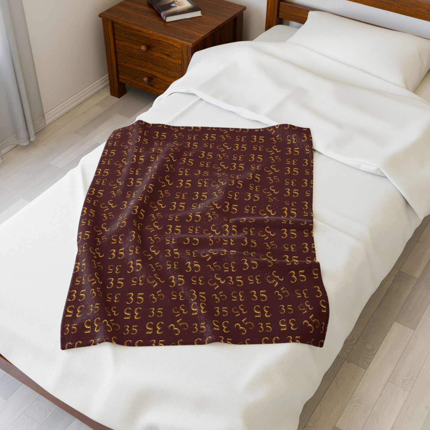 35 Velveteen Plush Blanket — Cozy Maroon '35' Patterned Throw for Game Day & Home