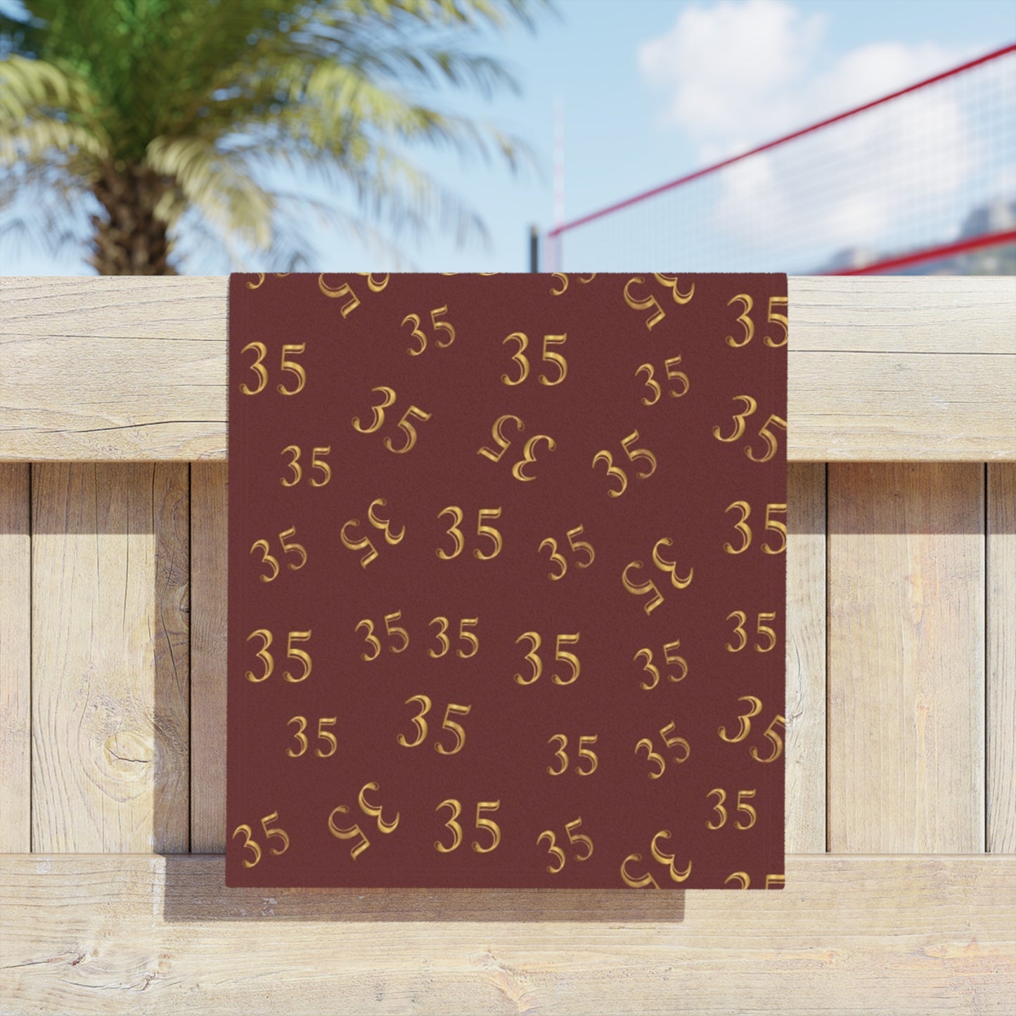 Beach Towel — Burgundy Gold "35" Pattern (Personalized Number Beach Towel)