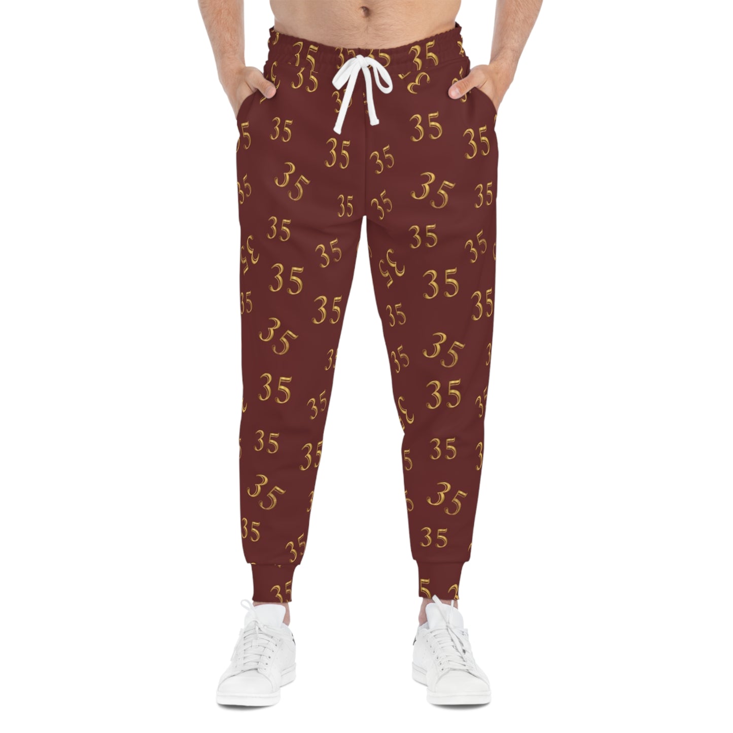 Maroon '35' All-Over Print Athletic Joggers — Gold Number Pattern