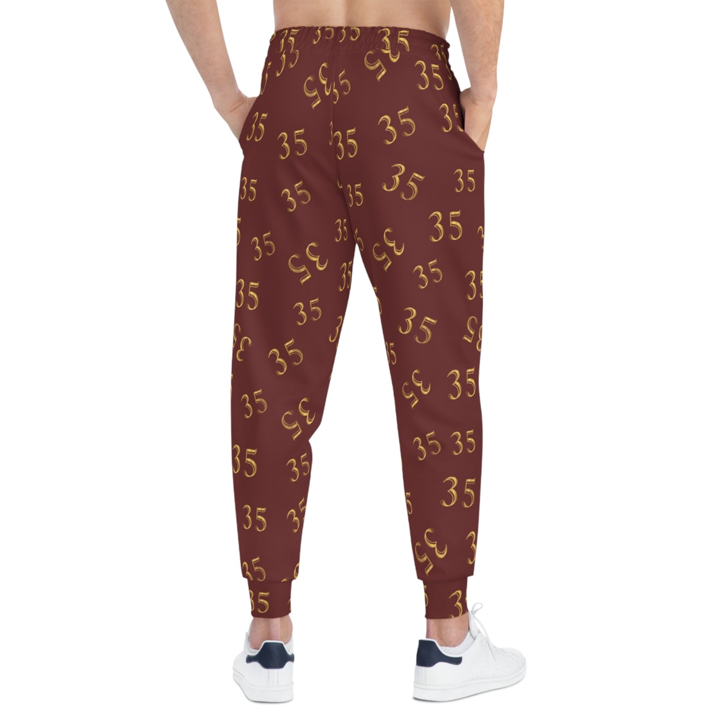 Maroon '35' All-Over Print Athletic Joggers — Gold Number Pattern