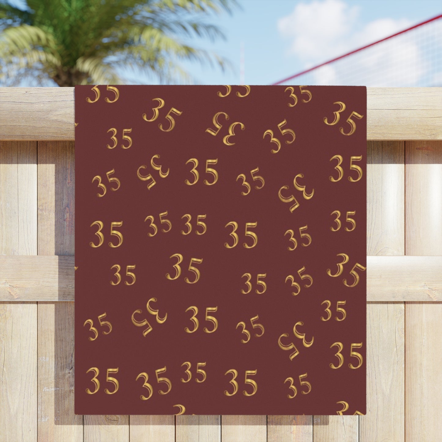 Beach Towel — Burgundy Gold "35" Pattern (Personalized Number Beach Towel)